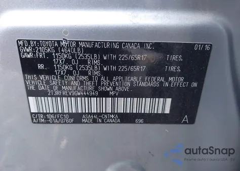 2016 Toyota Rav4 Xle from USA, damaged, VIN 2T3RFREV9GW444949